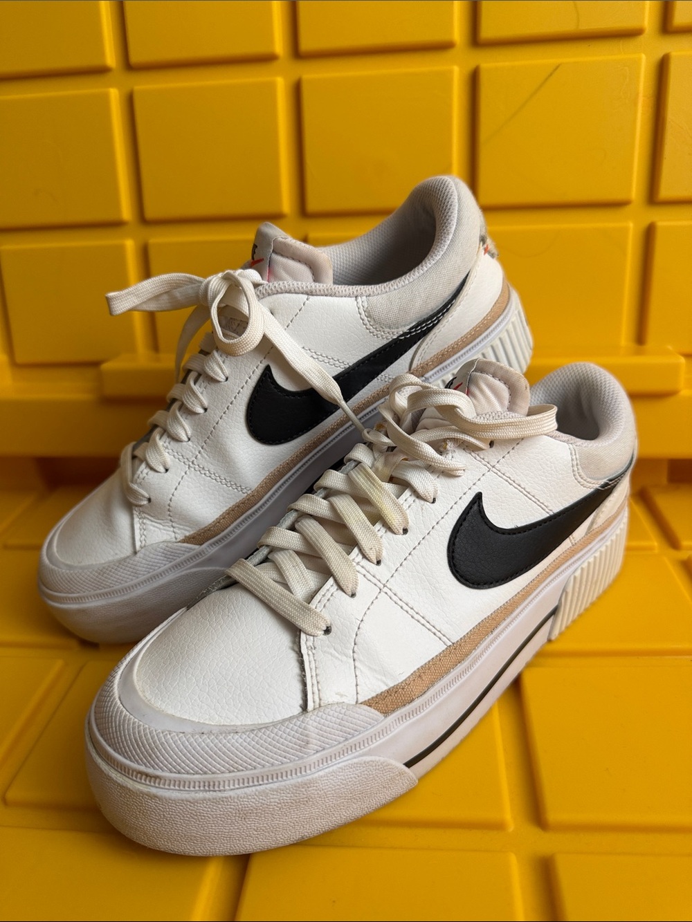 Nike White and Black Platform Leather Sneakers with Tan Accent